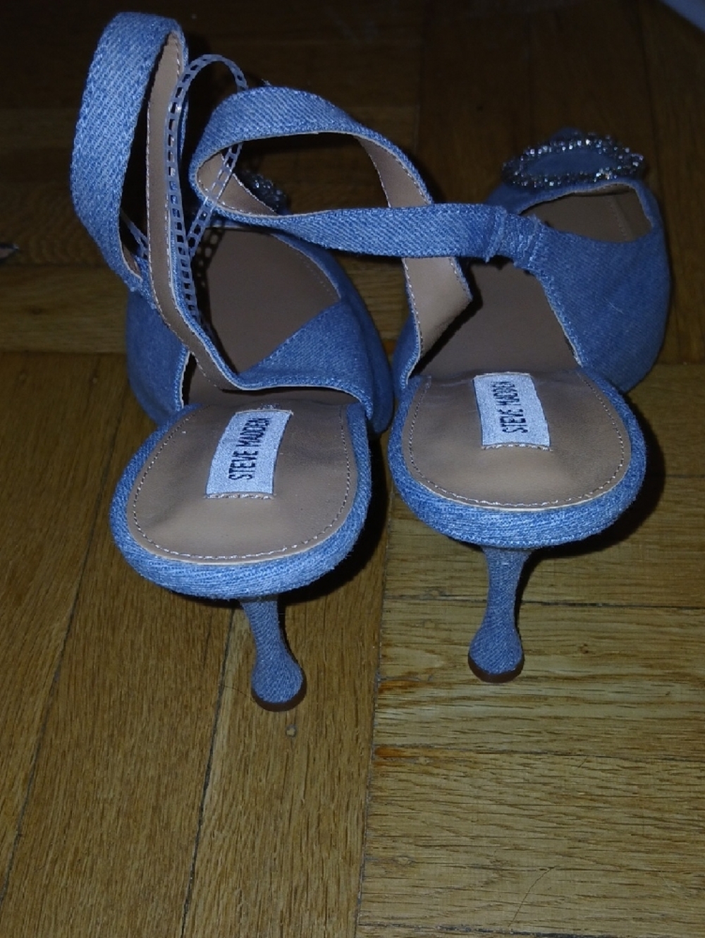 Steve Madden Light Blue Denim Pointed Slingback Heels with Crystal Circle Accent - Picture 2 of 4